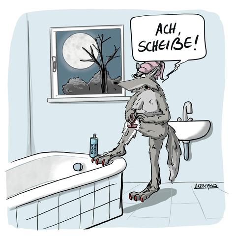 In einem Badezimmer steht eine sich an den Beinen rasierende Frau, die sich gerade in einen Werwolf verwandelt hat. Der Vollmond scheint ins Badezimmerfenster.
Mit einem noch eingeschäumten Bein, auf der Badewanne abgestützt und einem Lady-Shaver in der Pranke, raunt sie übellaunig: „Ach, Scheiße!"