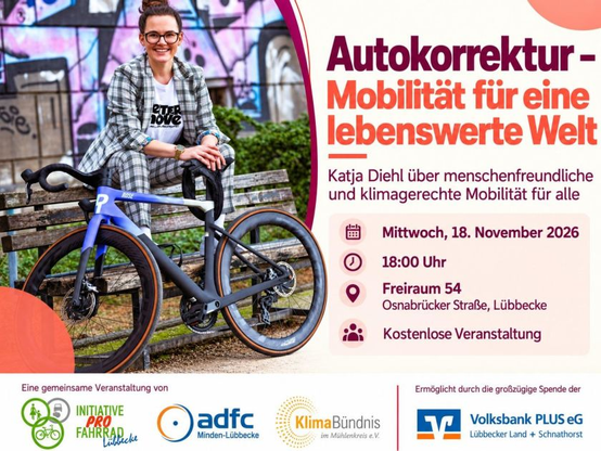 Sharepic für die Veranstaltung. Katja Diehl sitzt im karierten Anzug auf einer Bank, an der ein Fahrrad lehnt.